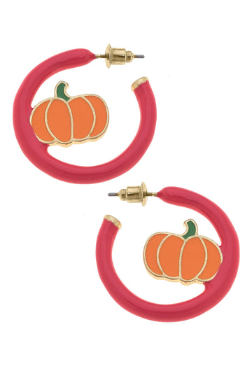 Halloween Enamel Pumpkin Patch Hoop Earrings in Pink & Orange