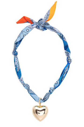 Gabby Puffy Heart Scarf Necklace in Aqua & White