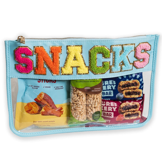 Large Clear Chenille Letter Patch Pouch | Snacks | Blue