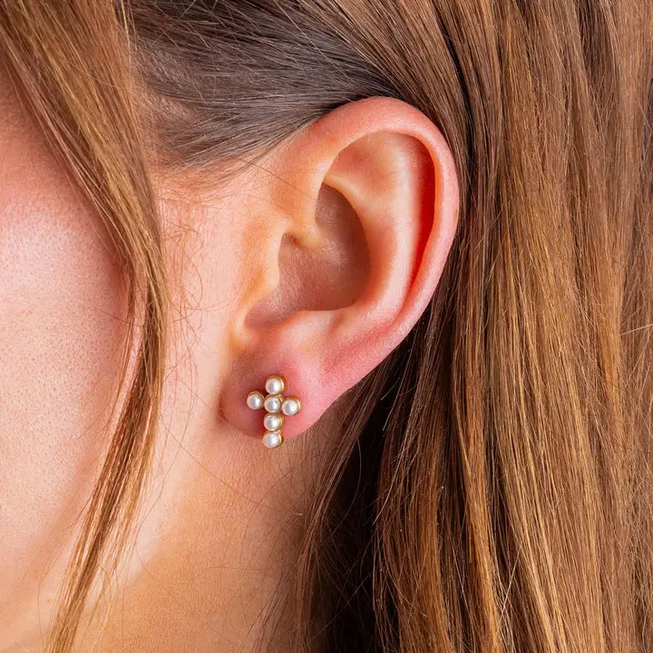 Stud Earrings | Gold-Plated Pearl Crosses | Faith