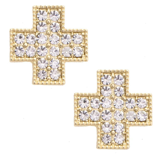 Kenna Square Pave Cross Stud Earrings in Shiny Gold