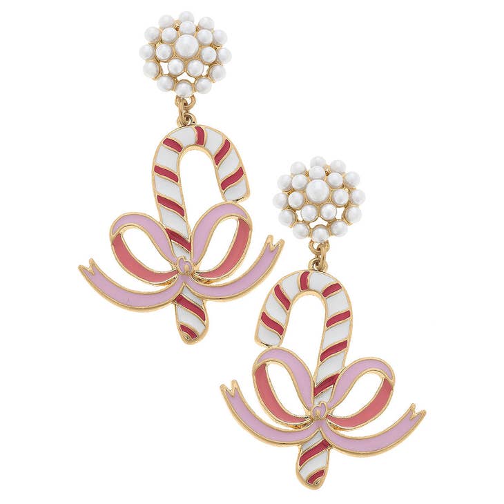 Candy Cane & Bow Enamel Earrings in Pink/Red/White