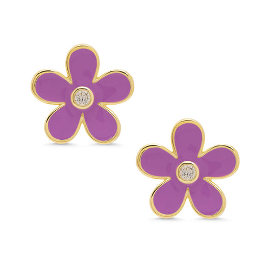 Gold Stud Earrings | Cubic Zirconia | Purple Flower