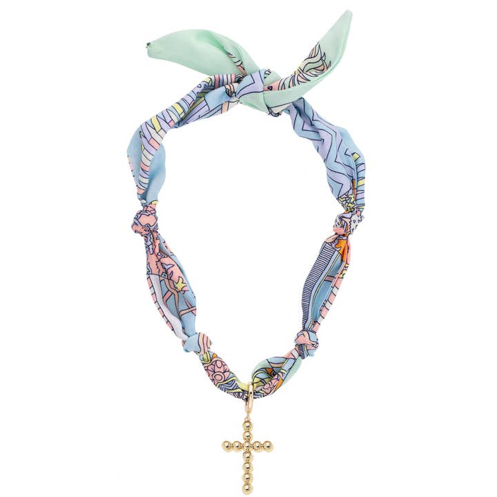 Louisa Beaded Cross Scarf Necklace in Pastel Multi