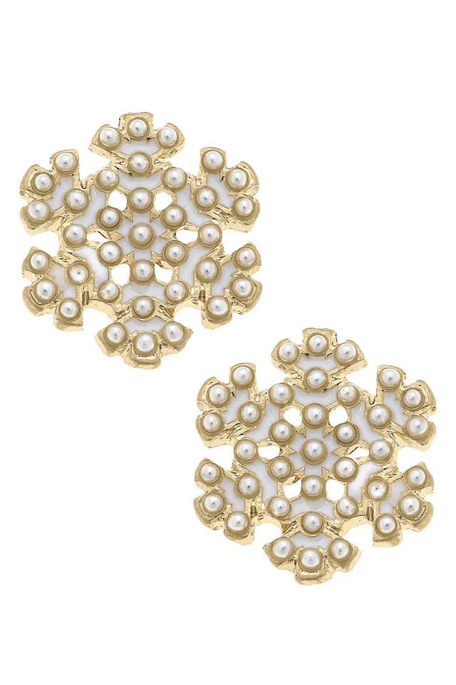 Pearl Studded Enamel Snowflake Stud Earrings | Ivory