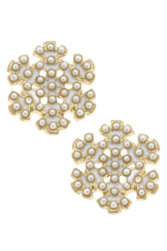 Pearl Studded Enamel Snowflake Stud Earrings | Ivory