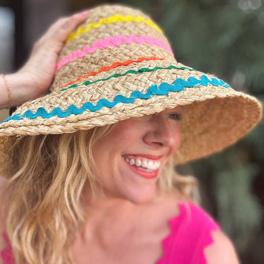 Raffia Bucket Hat | Colorful Ric Rac Ribbon Trim