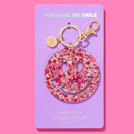 Keychain | Happy Face | Pink + Silver Confetti