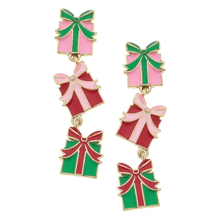 Tis' The Season Enamel Present Earrings | Pink/Green/Red