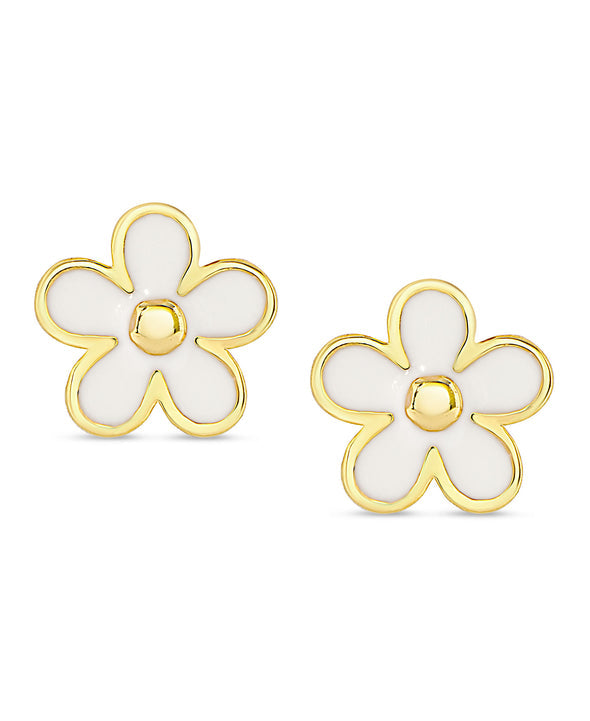 Gold Stud Earrings - White Flower