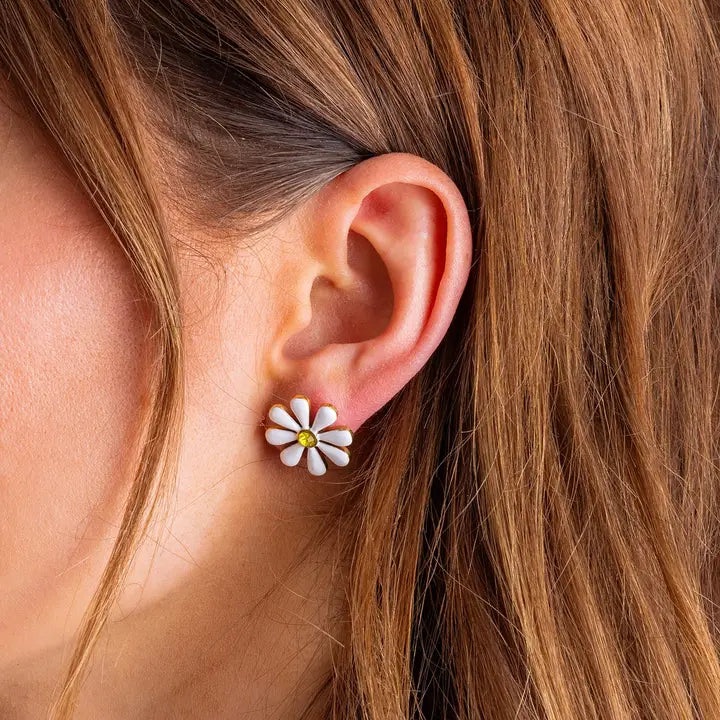 Stud Earrings | White Flowers w/ Yellow Gem Centers | Daisy