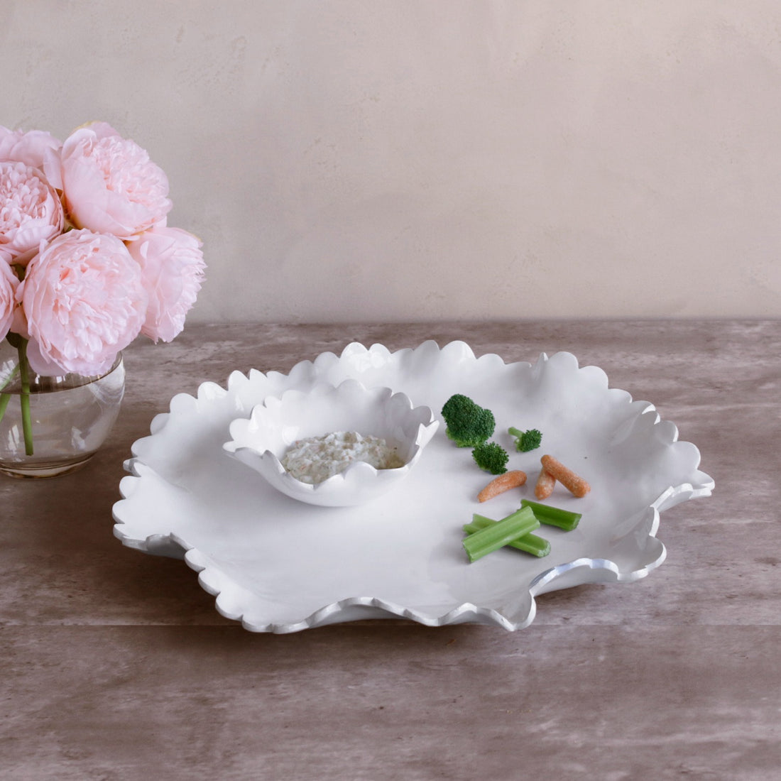 VIDA Colette Round Platter with Mini Dip Bowl | White