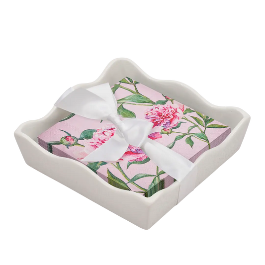 Ceramic Wave Napkin Tray with Cocktail Napkin | Pink Peonies