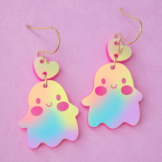 Cute Ghost Halloween Earrings | Pink Iridescent Dangles