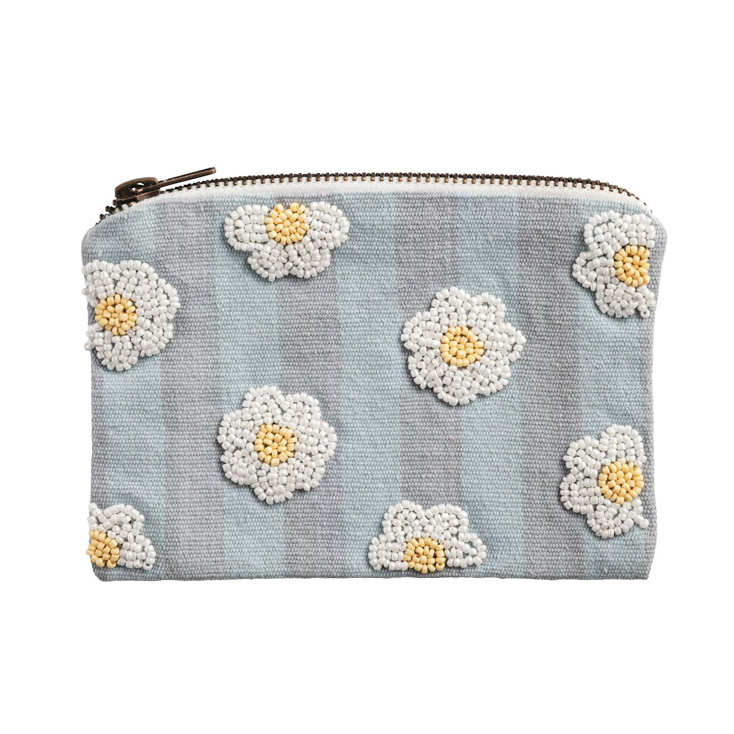 Blue Stripe Floral Bead Zipper Pouch