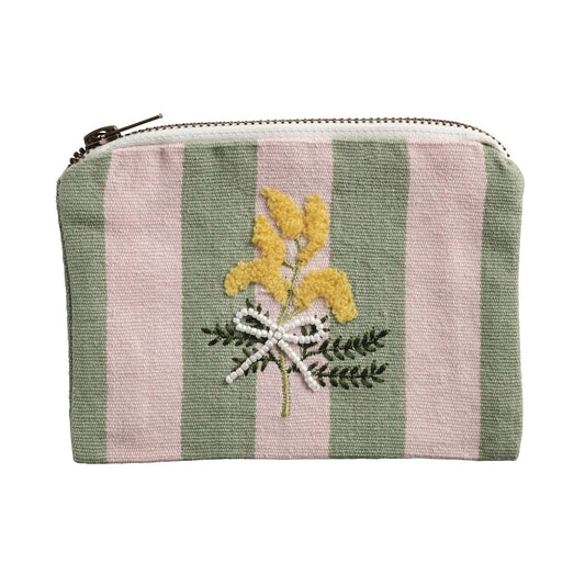 Pink Green Stripe Floral Embroidery Zipper Pouch