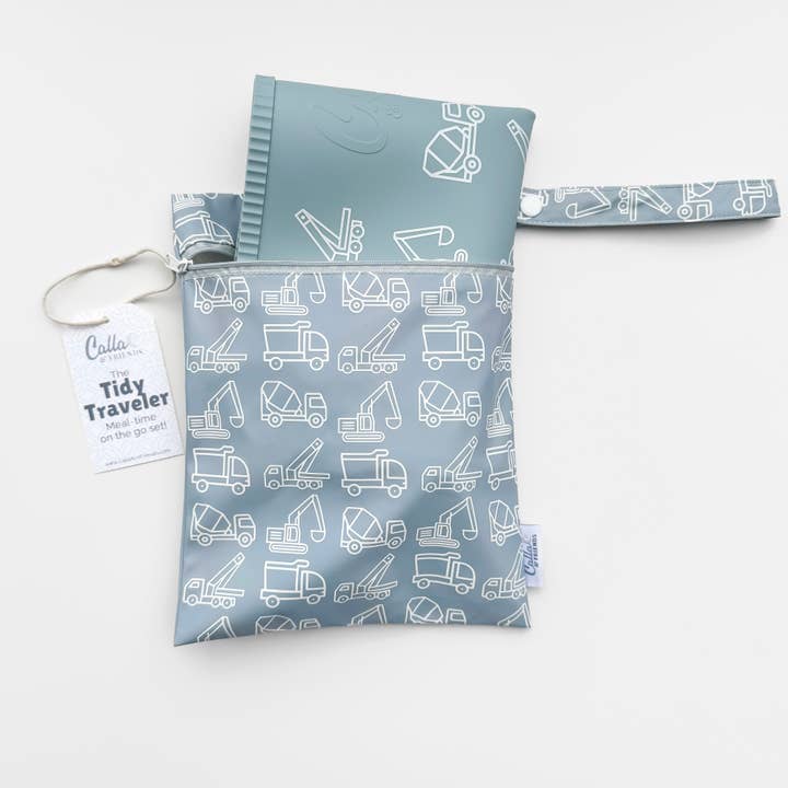 Tidy Traveler Printed Placemat Set | Powder Blue Trucks & Diggers