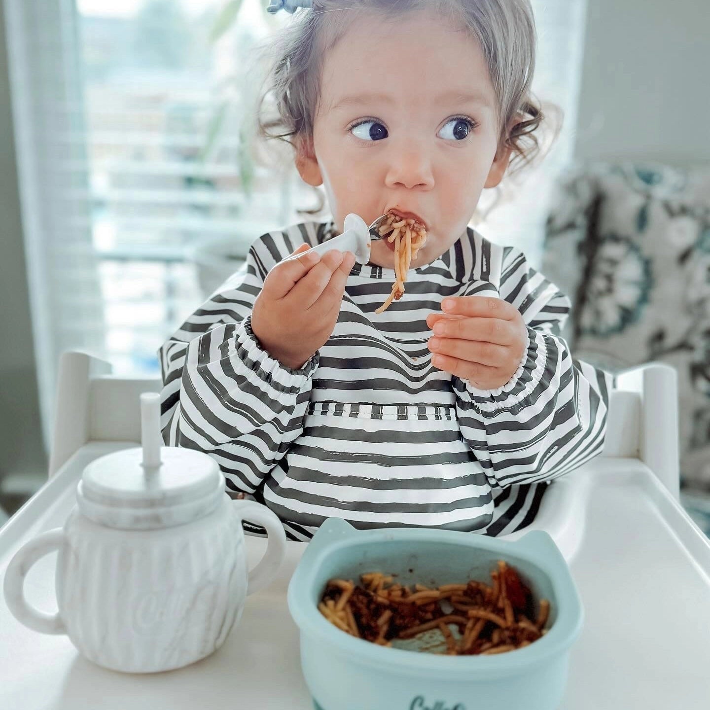 The Grayson Long Sleeve Bib | Brush Stripes Powder Blue