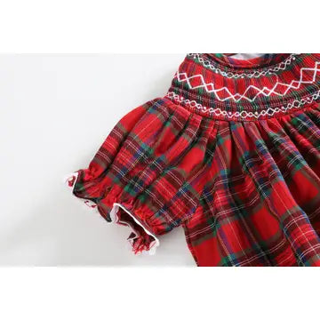 Red Christmas Plaid Smocked Bishop Dress