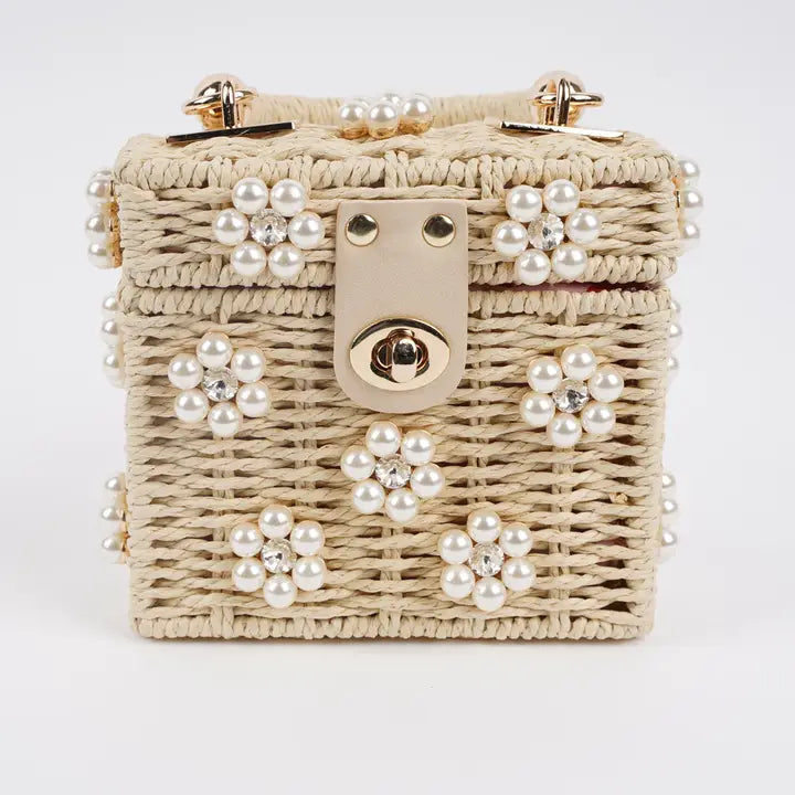 Small Wicker Bucket Daisy Flower Purse | Cream & Pearl Daisy