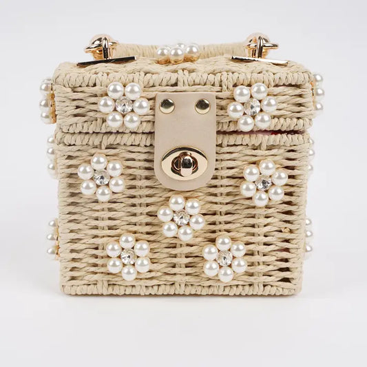 Small Wicker Bucket Daisy Flower Purse | Cream & Pearl Daisy