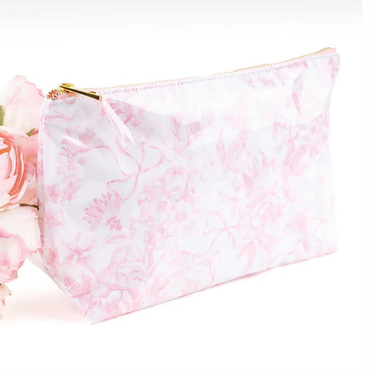 Clear Coated Travel Cosmetic | Pink Bow Toile