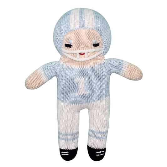 Knit Rattle | Football Player | Light Blue/White