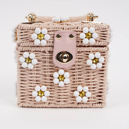 Small Wicker Bucket Daisy Flower Purse | Pink + White Daisy