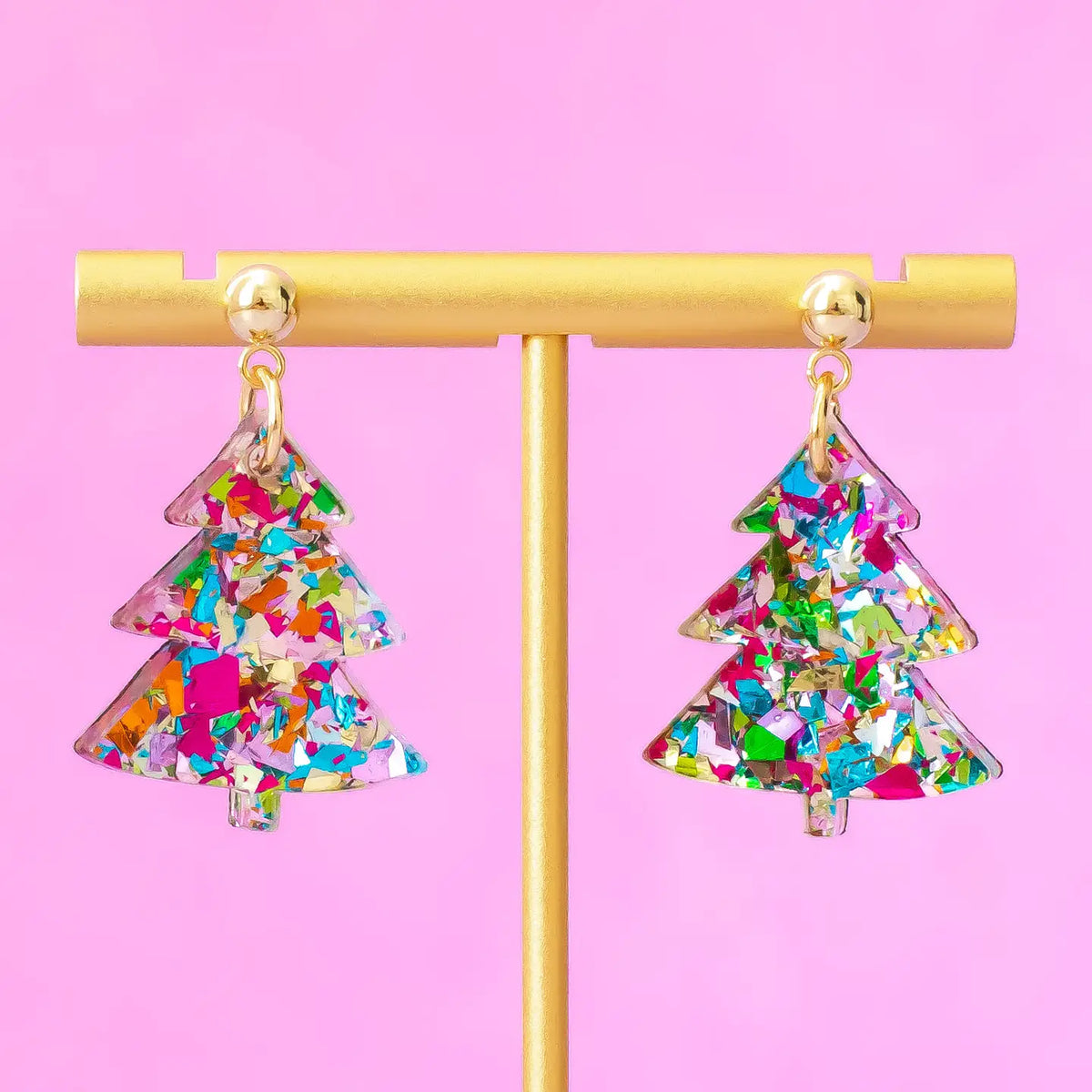 Small Christmas Tree Earrings | Multi Glitter