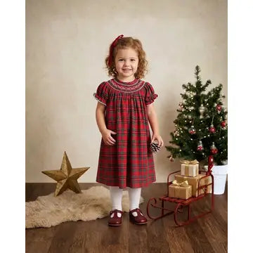 Red Christmas Plaid Smocked Bishop Dress