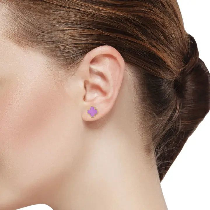 Stud Earrings | Gold | Four Leaf Clover | Purple