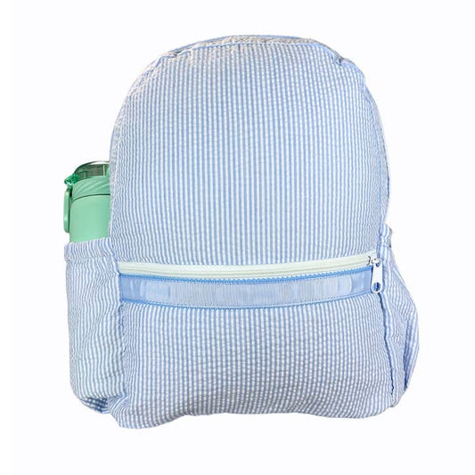 Medium Backpack w/ Pocket | Baby Blue Seersucker