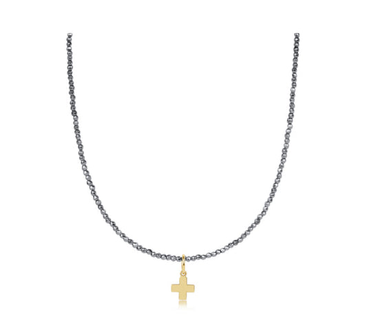 15" Choker Silver Faceted Hematite 2mm Bead | Signature Cross Gold Charm