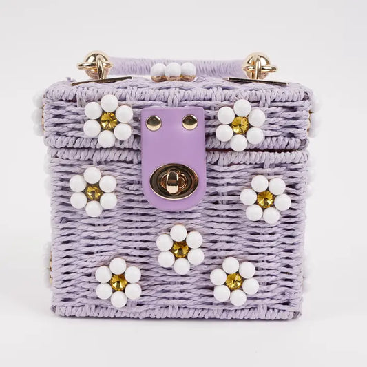 Small Wicker Bucket Daisy Flower Purse | Purple & White Daisy