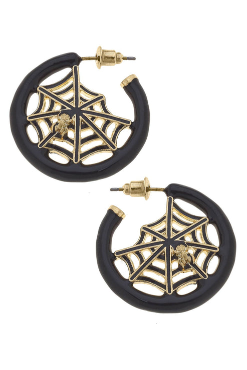 Halloween Enamel Spider Web Hoop Earrings in Black