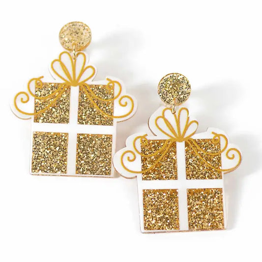 Sparkle Present Earrings 2" | Gold/White