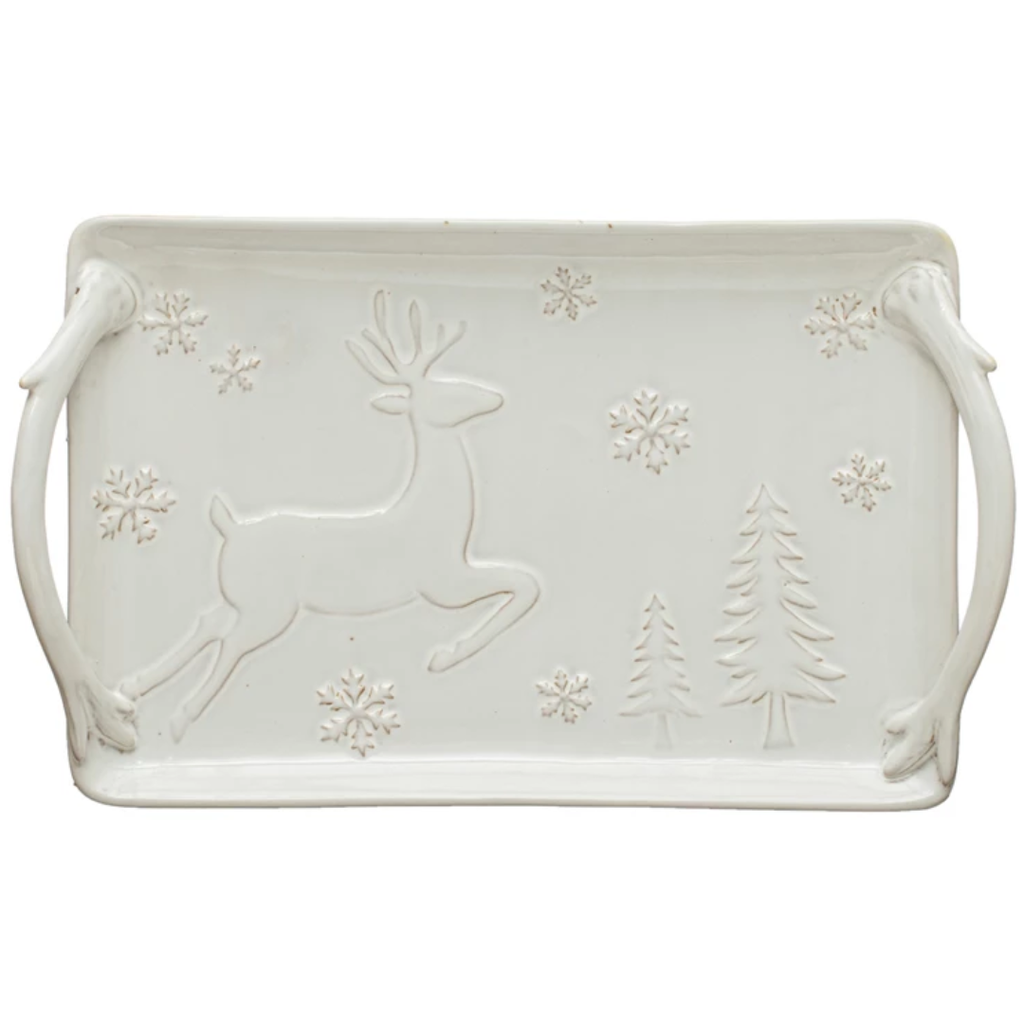 Debossed Stoneware Tray with Deer, Snowflakes & Trees