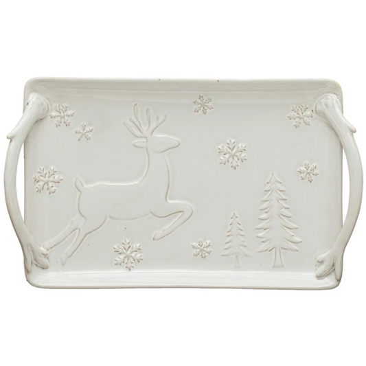 Debossed Stoneware Tray with Deer, Snowflakes & Trees