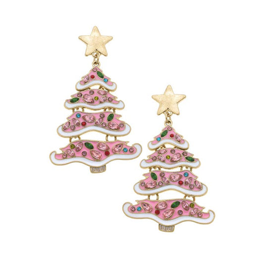 Jeweled Christmas Tree Statement Earrings | Pink