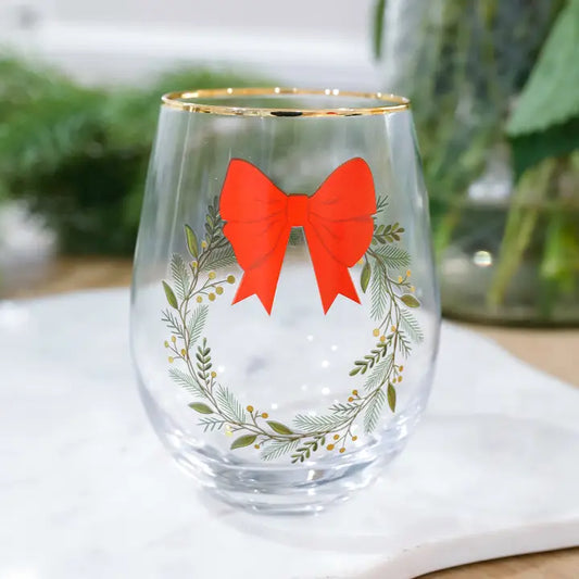 Stemless Wine Glass | Red Bow Wreath
