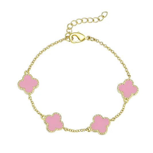 Link Bracelet | Gold | Four Leaf Clover | Pink