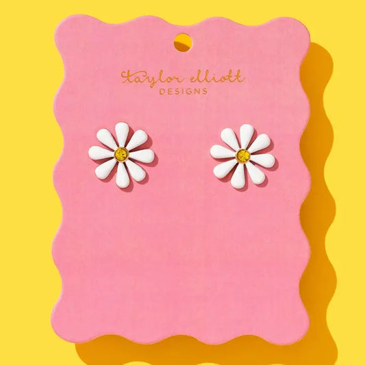 Stud Earrings | White Flowers w/ Yellow Gem Centers | Daisy