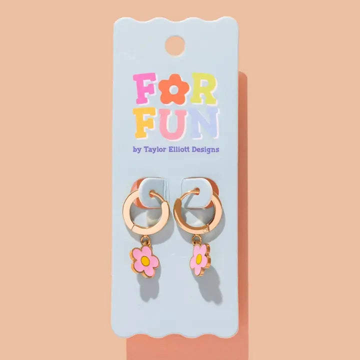 Huggie Earrings | Gold Hoops + Pink Flowers