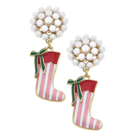 Stocking Stuffer Pearl Cluster Enamel Earrings | Pink & Red Stripes