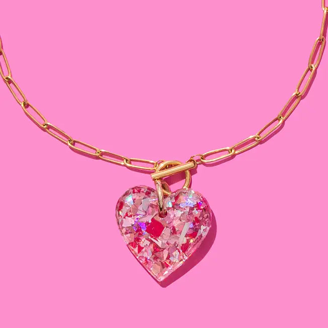 Paperclip Chain Necklace | Heart Pendant | Pink Confetti