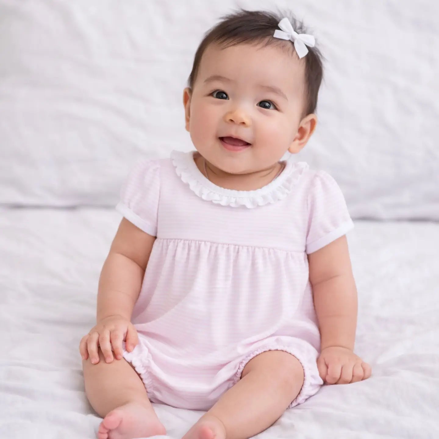Mini Stripes Ruffle Short Sleeve Bubble | Pink