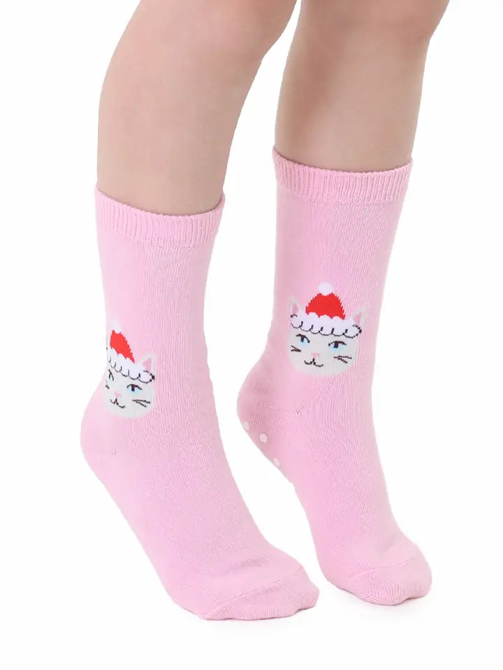 3D Packaged Crew Socks | Pink Santa Kitty