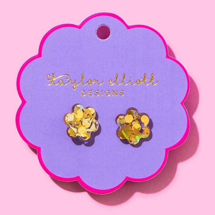 Stud Earrings | Acrylic Flowers | Gold Confetti