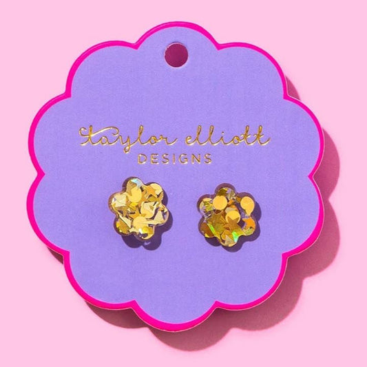 Stud Earrings | Acrylic Flowers | Gold Confetti