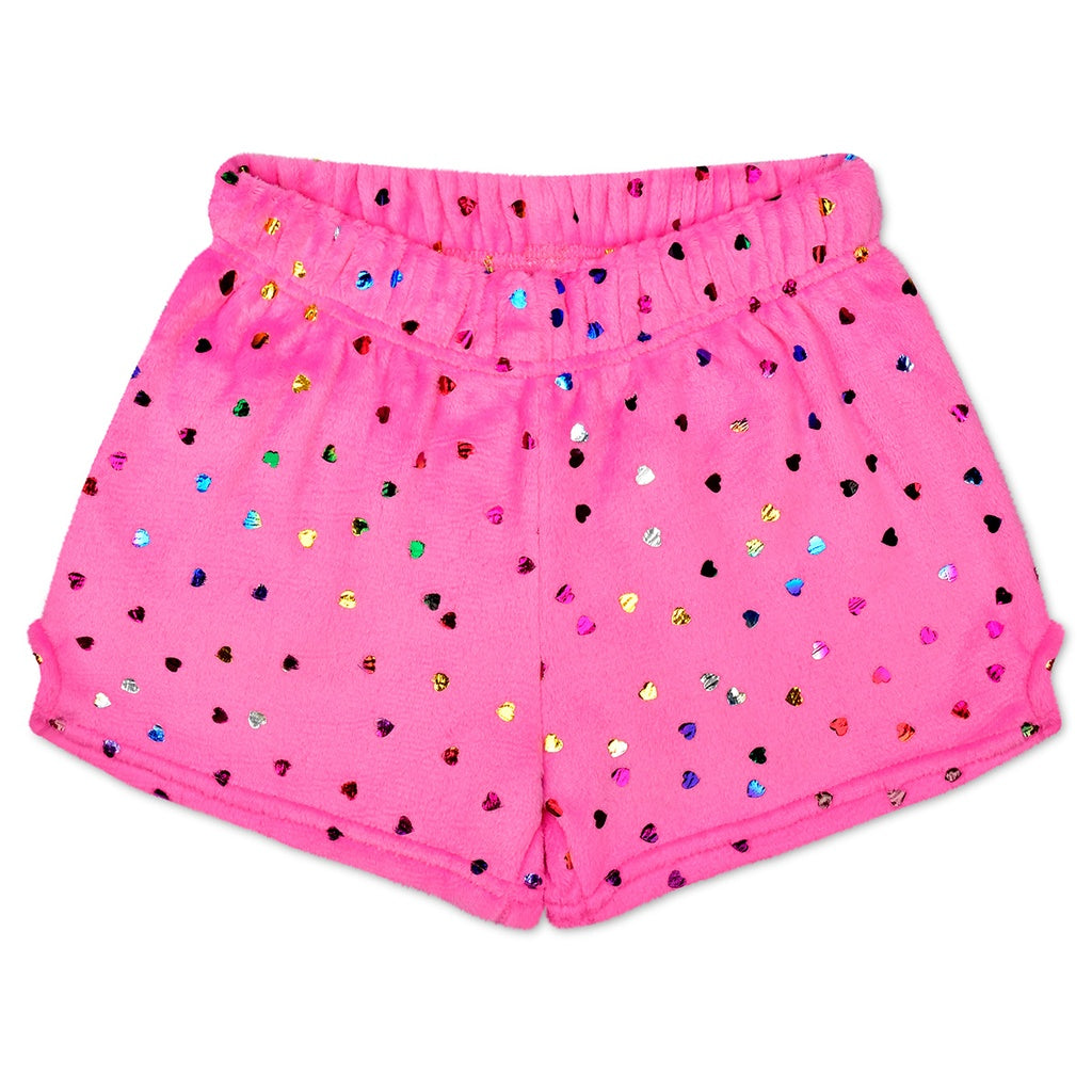 Plush Shorts | Bright Pink Foil Hearts